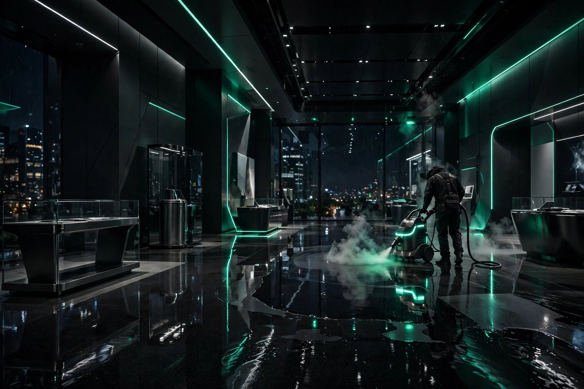 Professional showroom steam cleaning — the Bueno Brothers standard